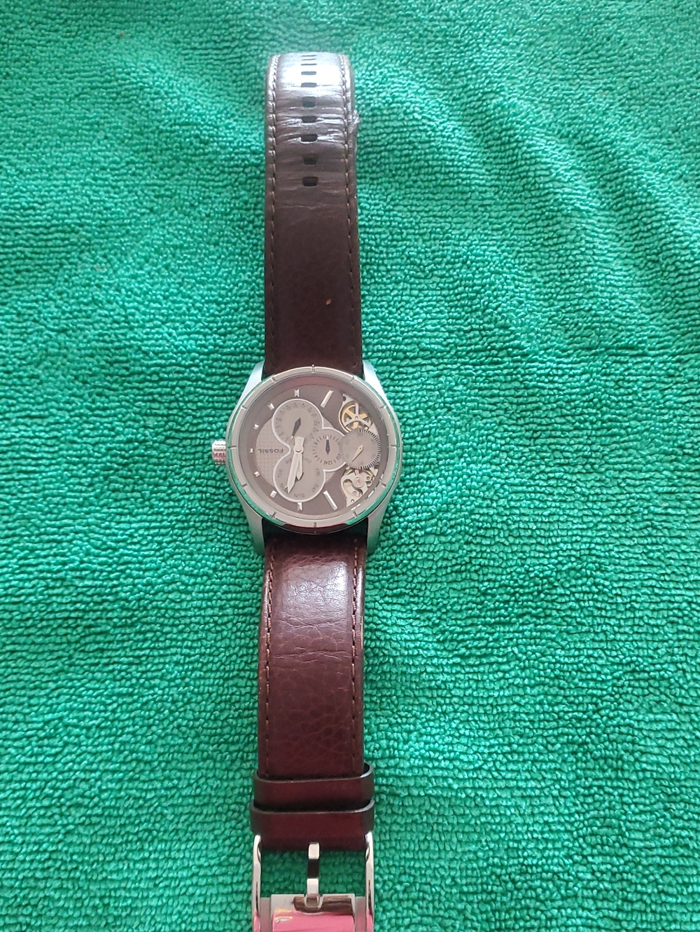 Fossil Brown Leather Strap Watch with Silver Case and Skeleton Dial